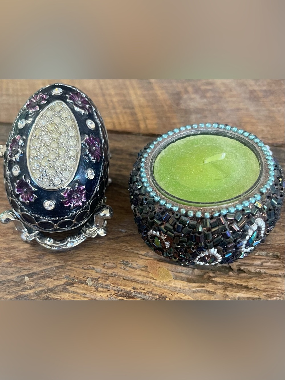 Fabrege-Inspired Embellished Jeweled Egg Trinket Box w/ Beaded Tea Candle Holder